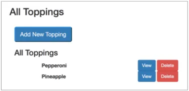 Figure 2.9 This HTTPScoop screen shows a list of all the calls made by the system. In this case, you can see the DELETE method is called to remove the /toppings/2 resource from the system, and it was successful, as indicated by the 2XX response in the code column.