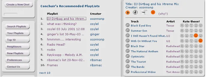 Figure 1. The Smart Radio recommendation panel. Recommended playlists are presented as an ordered list
