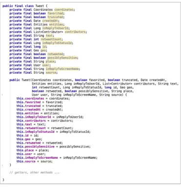 Figure 4.2 A Java class representing a tweet