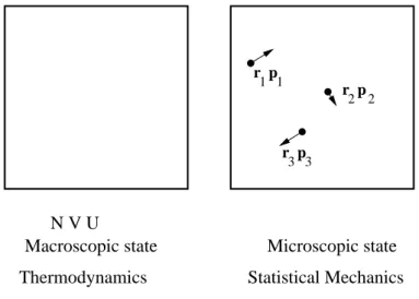 Figure 1: Schematics of a gas or argon atoms from the viewpoint of thermodynamics (left-hand side) and from the viewpoint of statistical mechanics (right-hand side)