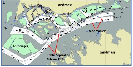 Figure 1: Electronic navigation chart (ENC) of strait near alarge asian city with color-coded features (best viewed elec-tronically)