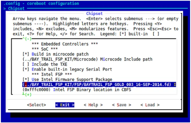 Figure 4-4. Screenshot of coreboot menuconfig in selecting microcode and FSP path
