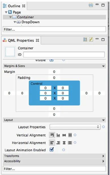 Figure 4-1. QML properties view with a Container selected