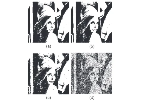 Figure 8 Image source 1 with ¯p= 0.92 at Eb/N0= −3.8 dB (a) transmitted image, (b) proposed 2D system (0% pixel errors, PSNR ∞ dB),(c) proposed 1D system (4.41% pixel errors, PSNR 13.49 dB), (d) conventional TBC system (19.31% pixel errors, PSNR 7.14 dB).
