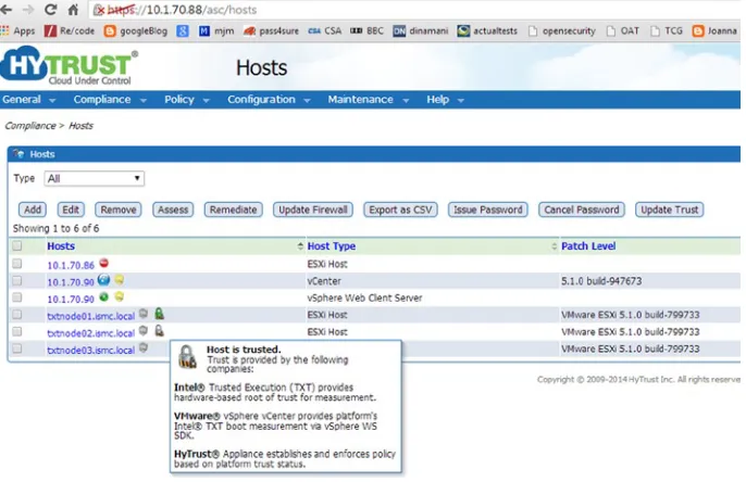 Figure 3-9. HyTrust trust attestation service dashboard indicating two trusted hosts and one untrusted host