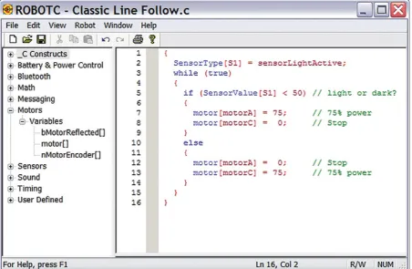 Figure 4 ROBOTC screen showing classic line-following program. 