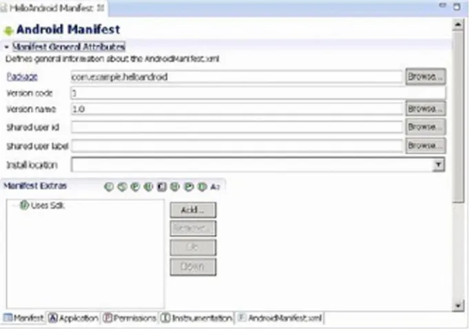 Figure 1-5. The content of AndroidManifest.xml displayed in Eclipse