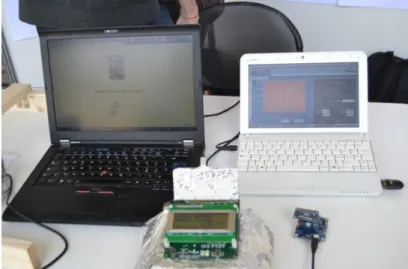Figure 3. Embedded weather forecast station: prototype of the SmartWeather forecast system with the  web  page  (up  left),  Freescale  Semiconductor  barometric  pressure  sensor  toolbox  (up  right),  Freescale  Semiconductor  APEX  sensor  board  (bott
