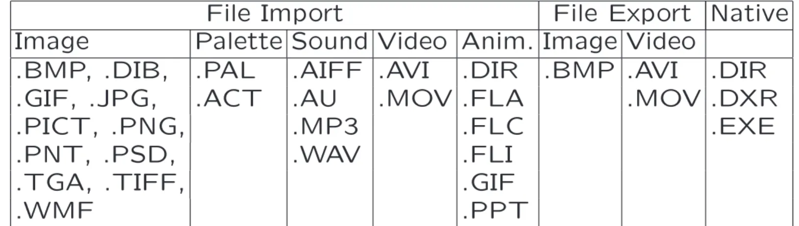 Table 3.1: Macromedia Director File Formats