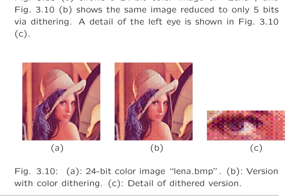 Fig. 3.10: (a): 24-bit color image “lena.bmp”. (b): Version with color dithering. (c): Detail of dithered version.