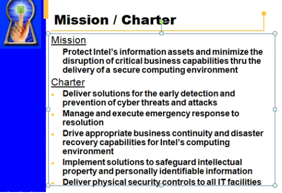 Figure 1-2a. How the mission of Intel’s Information Security Group has changed: the mission and priorities in 2003