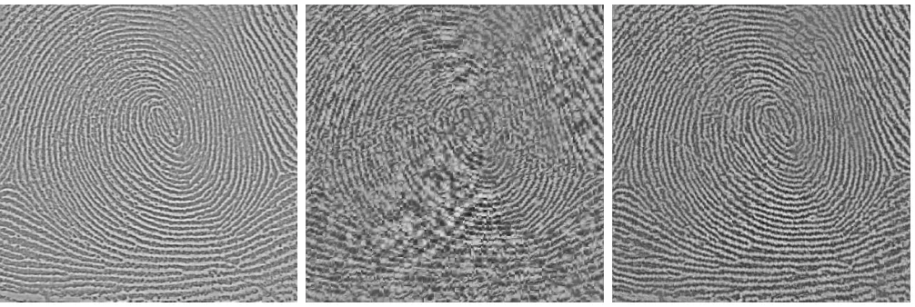 Fig. 5.Approximation experiment using fingerprint: (from left to right))original image, reconstruction by two-component methodwith Calway’s single / double cluster model, reconstruction by the modiﬁed EM for GMM