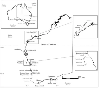 Figure 2.2 Map of Western Australia depicting the islands where most of the research 