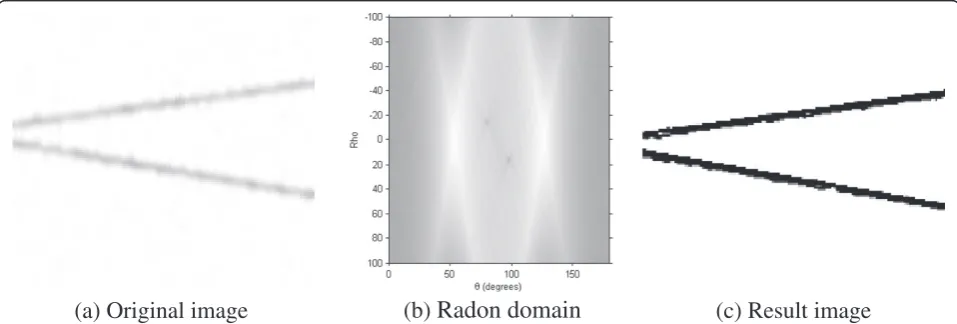 Figure 2 Line detection using Radon transformation. (a) Original image. (b) Radon domain