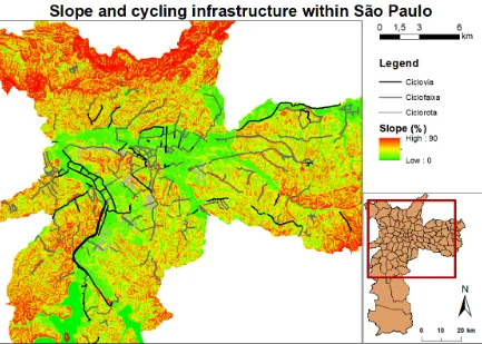 Figure 2.4: Slopes within the city of S˜ao Paulo (Trimble Data 2015) (Centro de Estudos da Metr´opole 2018)
