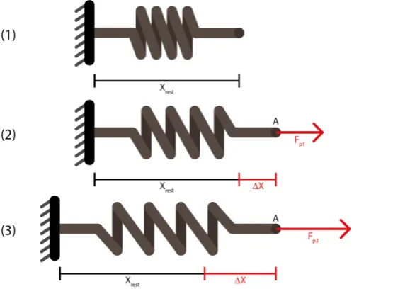 Figure 2.2: Force offset example (1) Spring at rest length. (2) Spring extended by force F(3) Spring inﬂuenced by force offset, increasingp1
