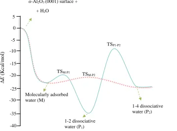 Figure 2.24. Hydrolysis process of the α-Al2O3 (0001) surface.190 TS signifies a transition 