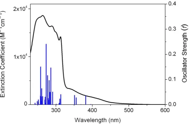 Figure 4. Experimental absorption spectrum (black line) and calculated singlet excited state 