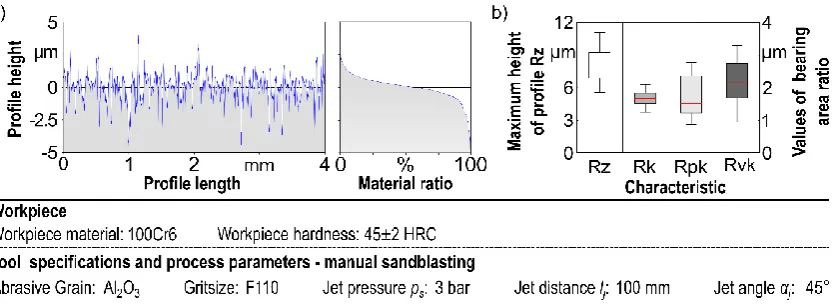Figure 3.Overview of a sandblasted surface by means of ((Figure 3. a) the profile and material ratio curve and (b) surface values