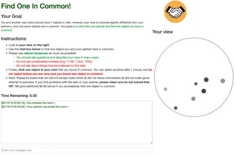 Figure 2: Screenshot of our chat interface. Workers are givena maximum of 6 minutes session to communicate throughthe chatbox and select the entity they found in common.