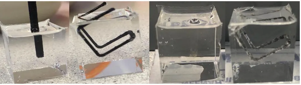 Fig. 2.Hardened PDMS cubes containing 3D printed paths of ABS.