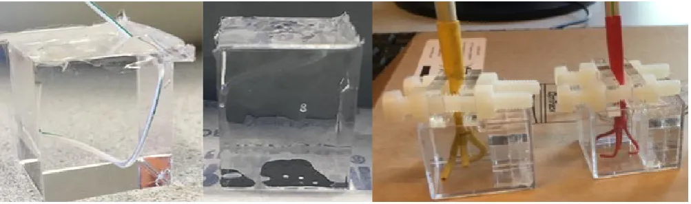 Fig. 4.Hardened PDMS cubes. The left block still contains the cable.The right block has the cable removed and is ﬁlled with silicone oil.