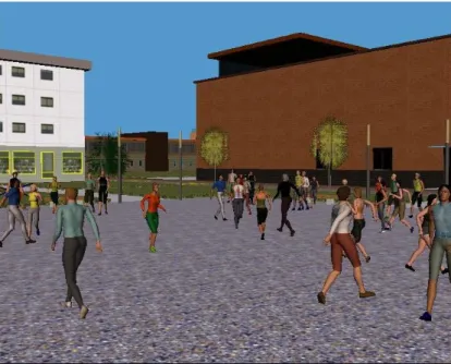 Fig. 1. Virtual environment Environment Objects Path finder AgentsRulesAttributes BehaviorsEvents Virtual HumansVirtual Objects Virtual Environment