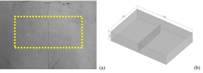 Figure 5: Concrete specimen with a micro- crack on the surface. (a) Photograph of top surface containing the crack, and (b) schematic diagram of the crack geometry