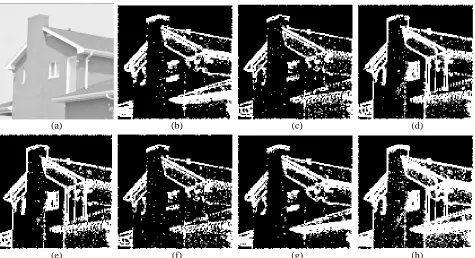 Fig. 8.Edge map for scale s = 1 using the maximum of subband edge maps: (a) L∗ component of image in Figure 2(f); (b)-(g) Edge maps in 6 directionalsubbands; and (h) Overall edge map using Eq
