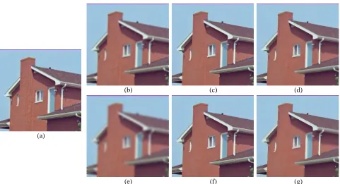 Fig. 2.EPSF ﬁltering of House image: (a) Original image; (b) After Eq. (4) is applied once; (c) After EPSF is applied once; (d) After bilateral ﬁltering [29]is applied once; (e) After Eq