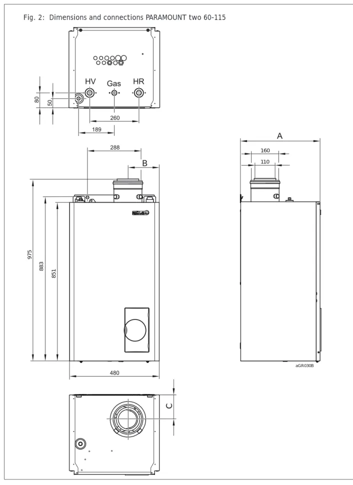 Fig. 2:  Dimensions and connections PARAMOUNT two 60-115   