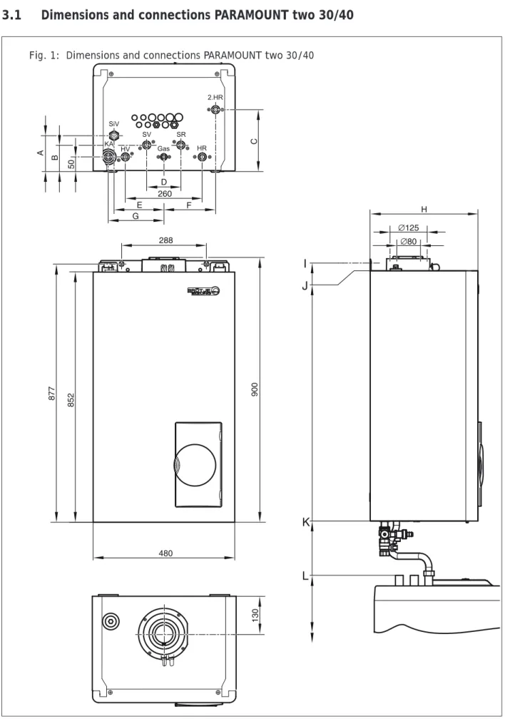 Fig. 1:  Dimensions and connections PARAMOUNT two 30/40  