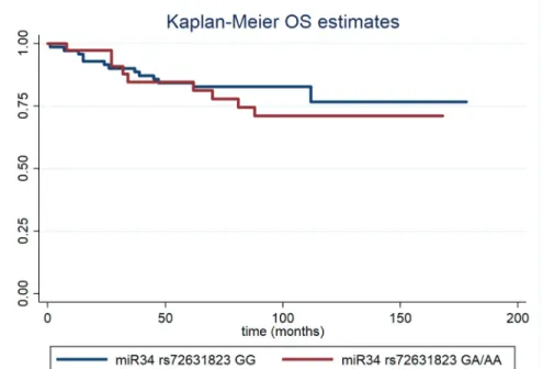 Figure 1: Kaplan–Meier overall survival estimates for Pre-miR-34 rs72631823 GG (blue lines) and GA/AA TNBC cases.