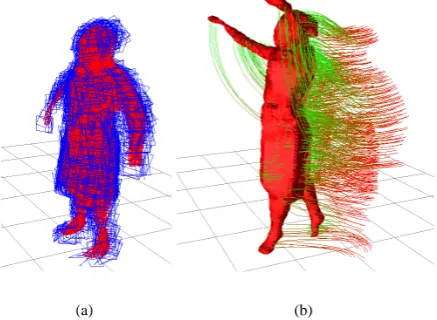 Figure 1: (a) Fitted patches at frame 60 of ‘Skirt’ sequence. (b) The patches are then trackedaccurately and smoothly to their corresponding positions at frame 100, with the visual hullat frame 100 shown for reference