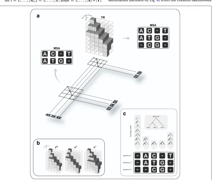 Fig. 2 Overview of the progressive algorithm. The algorithm traverses a guide tree (indicated by the shadow in Panel a) in postorder