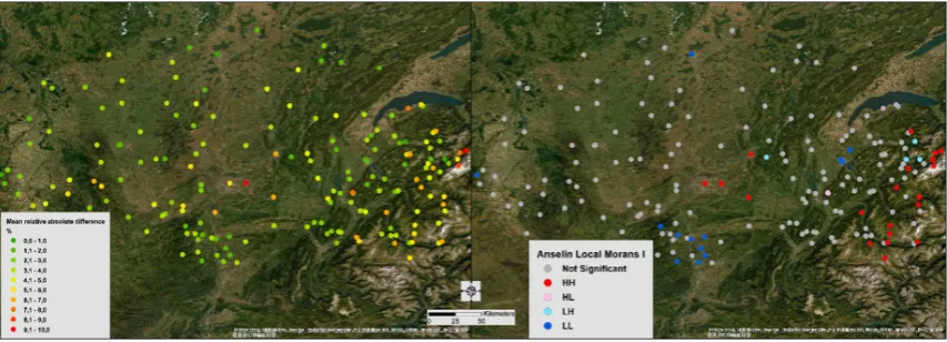 Figure 3.Figure 3. Averages of the absolute relative differences for the six days (left) and spatial clustering of the statistically close relative differences values (LISA— Averages of the absolute relative diﬀerences for the six days (right)