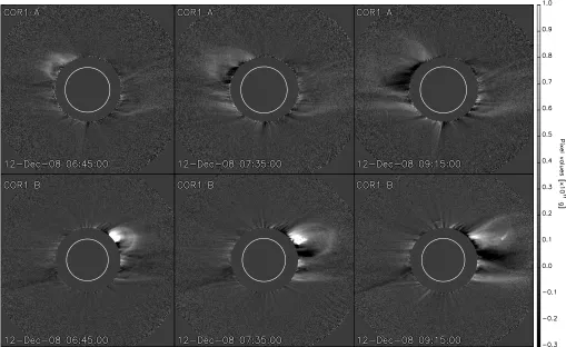 Fig. 1.— Selection of base diﬀerence images of the CME in COR1 A (top row) and COR1 B (bottom row), with pixel values of grams.The CME is quite faint in the A images and appears not to have as much structure as in B