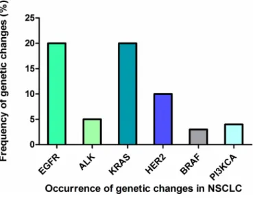 Figure 2: Occurrence of genetic changes in NSCLC.  The frequency of different genetic changes occurred in NSCLC including 