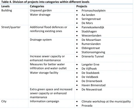 Table 4. Division of projects into categories within different levels  