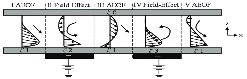 Figure 3. The schematics of (a) flow field evolution for DAEKF in a capillary DAEKF system in a nanochannel [66].electrophoresis nanochannel (solid black arrows represent analyte flow direction, and ζ2>ζ1>ζ3>ζ0), (b) detailed flow fields of five different 