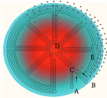 Figure 7. A continuous-flow PCR device where microfluidic droplets move through a temperature gradient toward the radial direction