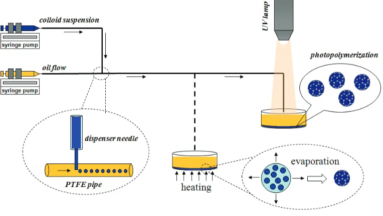 Figure 9. The scheme of the microfluidic device for the fabrication of photonic crystal beads by means of evaporation or UV polymerization to aggregate the colloidal nanoparticles that self-assembled in close-packed structures [156]