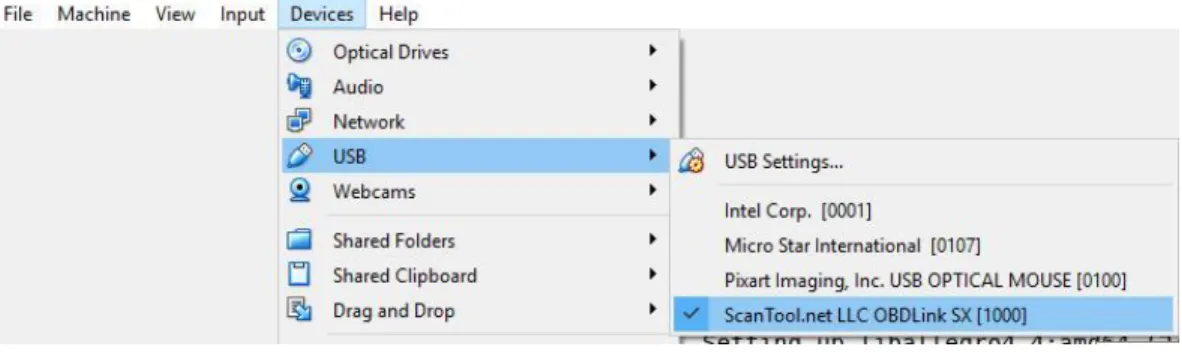Figure  9:  You  can  connect  a  physical  OBD-II  to  USB  cable  to  your  virtual  machine  in  VirtualBox  by  going  to  the  virtual  machine’s  menu  and  selecting  Devices > USB > ScanTool OBDLink (or the name of your OBD-to-USB cable)