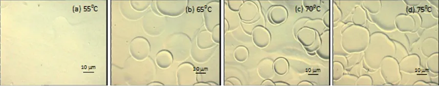 Figure 9. Optical microscope images of poly(3,4-ethylenedioxythiophene) poly(styrenesulfonate) (PEDOT:PSS) films deposited at four different substrate temperatures shown on each image