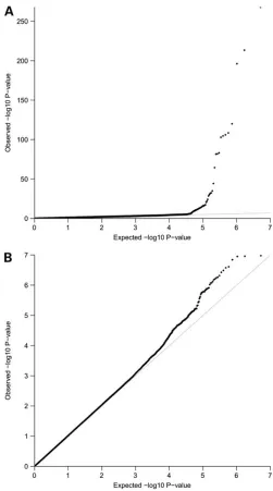 Figure 1. QQ plots for 2 623 828 directly genotyped and imputed SNPs: (for all examined SNPs; (A)B) after exclusion of poorly genotyped/called SNPs.