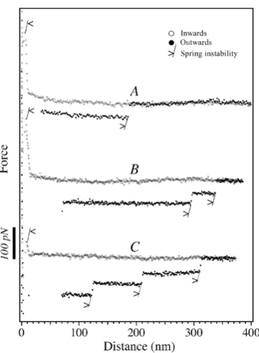 Figure 2.4: AFM force curves potentially showing pulled lipid bilayer tubes,produced by Maeda et al