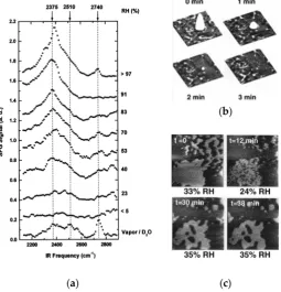 Figure 7. (a) Sum frequency generation (SFG) spectra of a water (D2O) film on a mica surface as a function of RH at room temperature (296 K); The spectrum of the bulk waver/vapor interface is added as a comparison (the bottom trace)