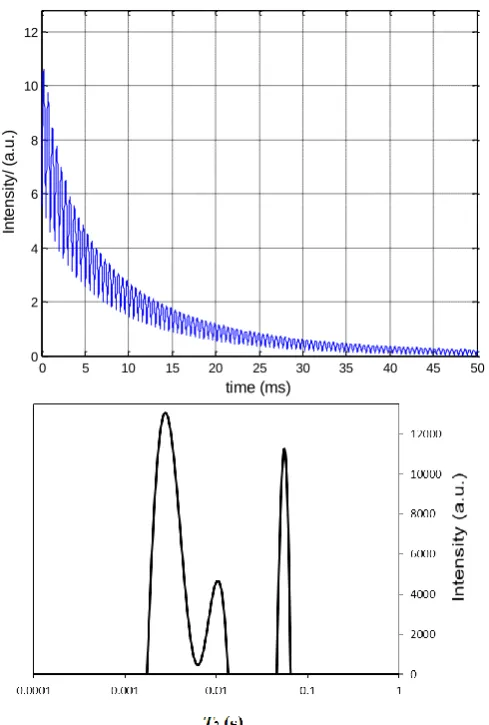 Figure 2. The plots presenting the data from CPMG (T2) experiment on wood sample with moisture higher than FSP (T=298K, proton resonance frequency is 400 MHz)