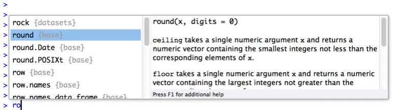 Figure 3.2: Start typing the name of a function or a variable, and hit the “tab” key. Rstudio brings up alittle dialog box like this one that lets you select the one you want, and even prints out a little informationabout it.