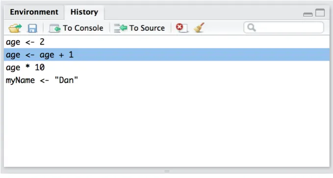 Figure 3.4: The history panel is located in the top right hand side of the Rstudio window